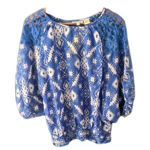 Second Skin Blue & White Blouse Top Sheer Sz S Gathered‎ Waist Batwing Sleeve